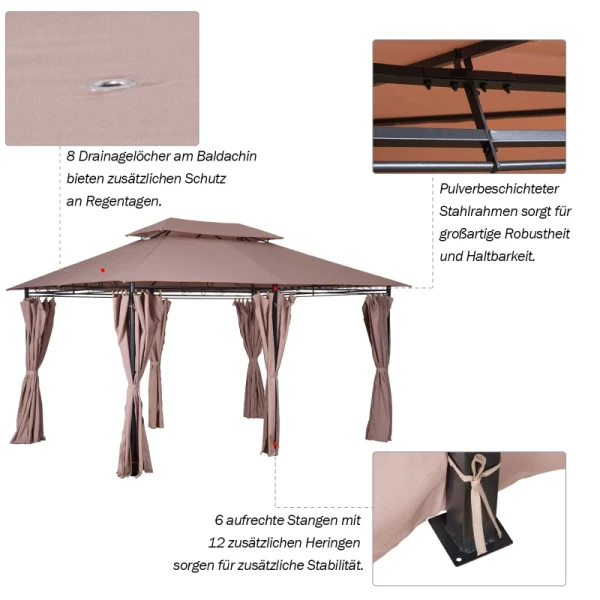  Paviljoen 3x4m Tuinpaviljoen Met 6 Zijdelen Partytent Tuintent Partytent Met Dubbel Dak Khaki 6