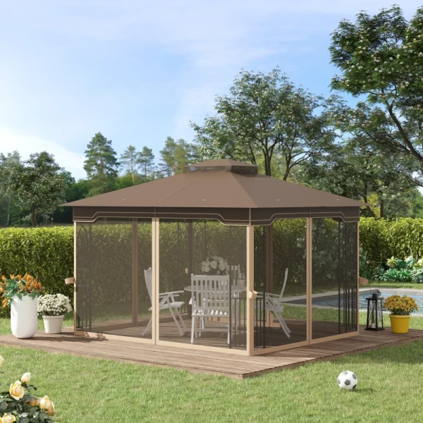  Paviljoen Met Insectengaas En Hoekplanken, Bruin+beige, 3,7 X 3 M 2