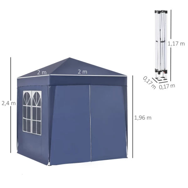  Paviljoen Met Luifel, Snelle Montage, 4 Zijwanden, 2 Grote Ramen, Stalen Frame, Blauw, 2 X 2 X 2,4 M 3