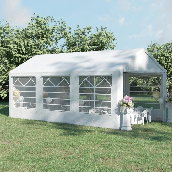  Paviljoen Partytent 3x6m Tuintent Paviljoen Met 4 Zijwanden Ramen Polyester + Metaal Wit 2