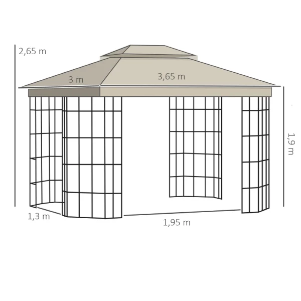  Paviljoen Tuinpaviljoen 3,65 X 3 M Tuintent Partytent Partytent Met 4 X Klamboe Ademend Dubbel Dak Metaal Polyester Zwart + Beige 3