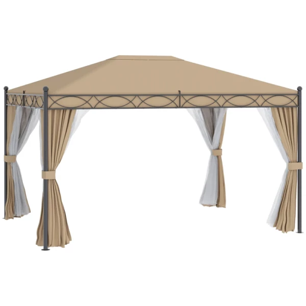 Paviljoen Tuinpaviljoen 3x4 M Tuintent Partytent Partytent Met 4 X Zijwanden Klamboe Metaal Polyester Beige 1