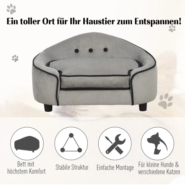  Pet Sofa, Hondenmand, Hondenmat, Hondensofa, Natuurlijk Hout + Pluche, Grijs, 66,5 X 45 X 35,5 Cm 6