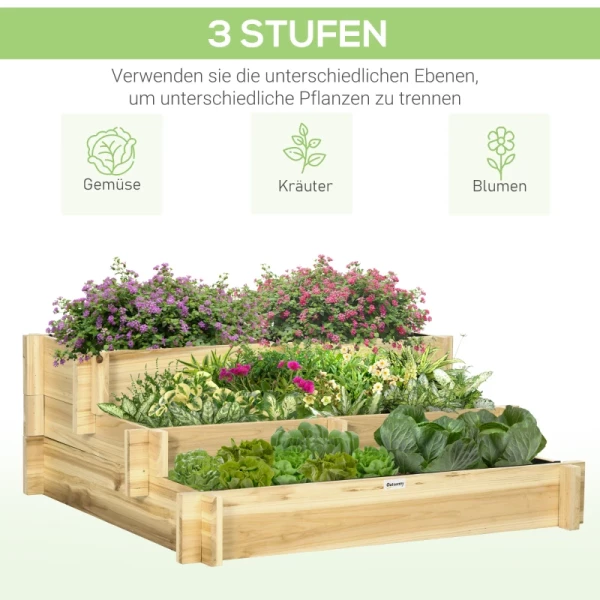  Plantenbak Met Verhoogd Bed, 3 Niveaus, Afvoergat, Stoffen Voering, Natuurlijk Hout, 93 X 93 X 35 Cm 4