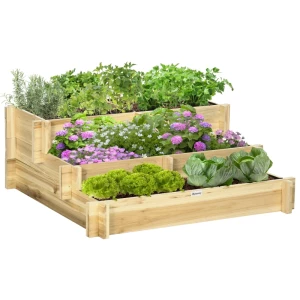  Plantenbak Met Verhoogd Bed, 3 Niveaus, Afvoergat, Stoffen Voering, Natuurlijk Hout, 93 X 93 X 35 Cm 1