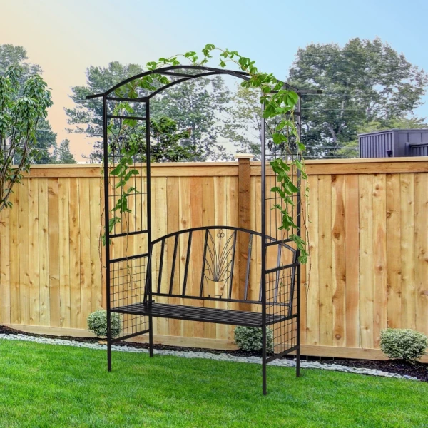  Plantenboog Met Zitbank Archway Trellis Trellis Tuin Boogdak Metaal Zwart 154 X 60 X 205 Cm 2