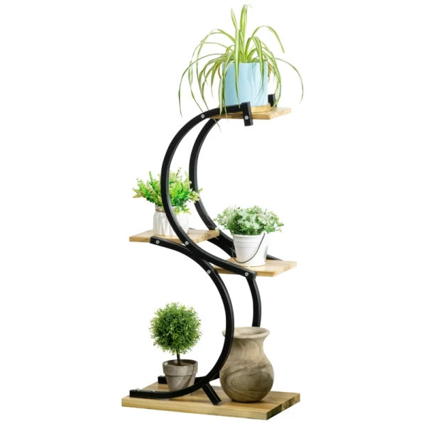 Plantenstandaard Met 4 Planken Massief Hout Weerbestendig 46cm X 25cm X 91cm Zwart + Naturel 1