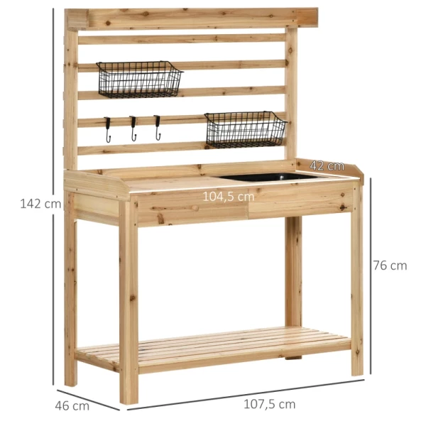  Plantentafel Tuintafel Met Wastafel Houten Bloementafel Met Ladehaak Mand Plank Tuinterras Naturel 107,5 X 46 X 142 Cm 3