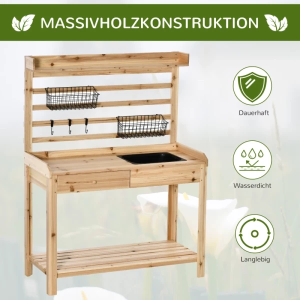  Plantentafel Tuintafel Met Wastafel Houten Bloementafel Met Ladehaak Mand Plank Tuinterras Naturel 107,5 X 46 X 142 Cm 7