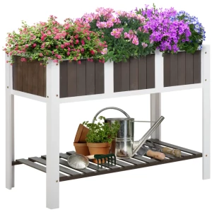  Plantentafel Verhoogd Bed Tuintafel Houten Tuinbedden Voor Groenten Bloemen Plantenbakken Met Plank 119 X 57 X 89 Cm Dennenhout Niet-geweven Stof Wit+grijs 1