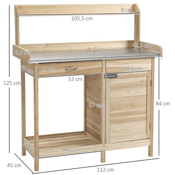  Planttafel Met Gegalvaniseerd Werkblad, Tuintafel Met Lade, Kast, Tuinwerktafel, Massief Hout, Naturel, 112 X 45 X 125 Cm 3