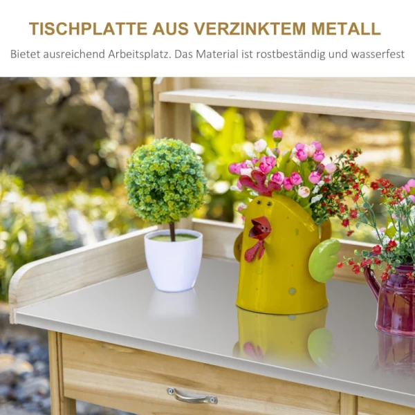  Planttafel Met Gegalvaniseerd Werkblad, Tuintafel Met Lade, Kast, Tuinwerktafel, Massief Hout, Naturel, 112 X 45 X 125 Cm 4