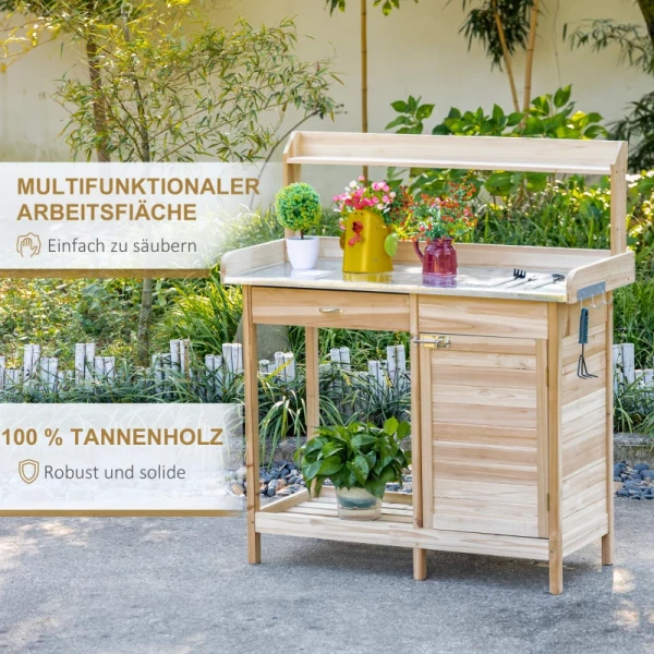  Planttafel Met Gegalvaniseerd Werkblad, Tuintafel Met Lade, Kast, Tuinwerktafel, Massief Hout, Naturel, 112 X 45 X 125 Cm 7