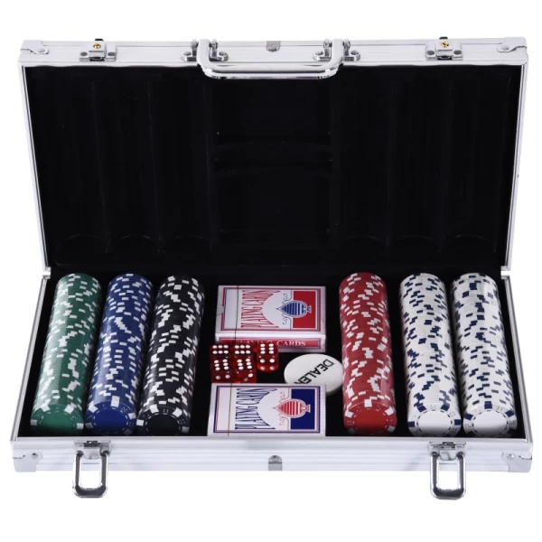  Pokerkoffer Pokerset 300 Pokerchips 2x Pak Kaarten 5x Dobbelstenen 1x Aluminium Koffer Pokerset Chipskoffer Aluminium + Polystyreen 38x20,5x6,5 Cm 7