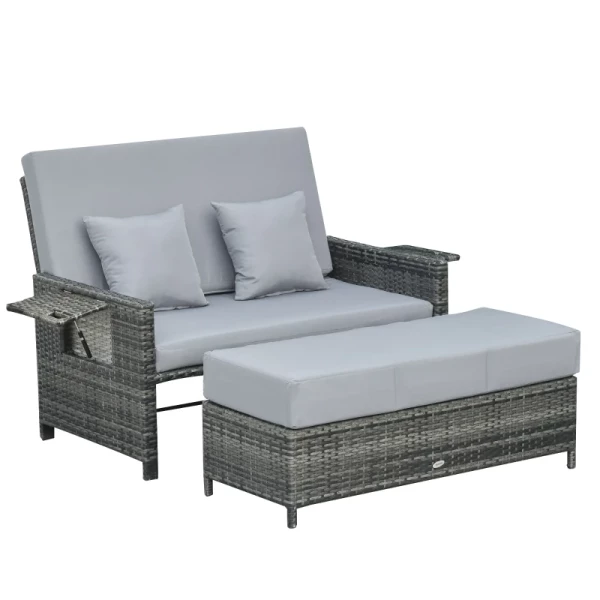 Poly Rattan Loungebank Tuinbank Ligstoel 2-zits Met Kussens Hocker Grijs 1