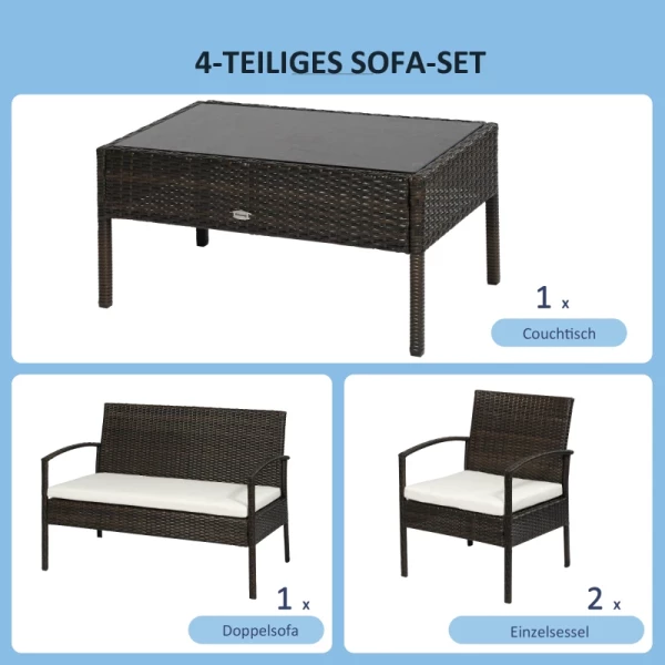  Poly Rattan Tuinmeubelset 4-delig Rat Bankstel Zitgroep Zitgroep Voor Pauze Lounge Theetafel Met Bank Zitkussen Staal Bruin + Creme Wit 4