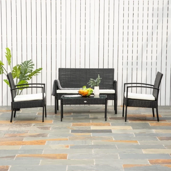  Poly Rattan Zitset Loungebank Tuinset 7-delig Met Kussens, Zwart 2