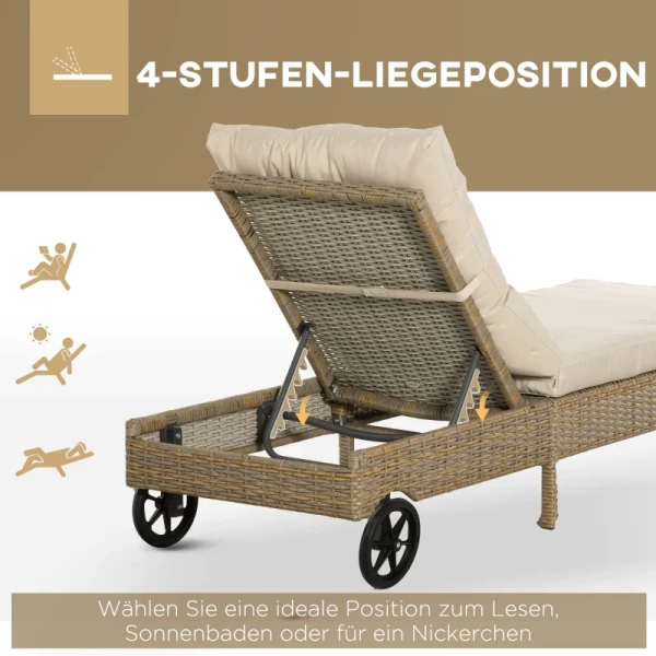  Poly Rotan Ligstoel, Tuinligstoel Met Wielen, Kussens, 4-traps Verstelbare Rotan Ligstoel, Tuinmeubelen, Staal Naturel + Kaki 200 X 66 X 92 Cm 4