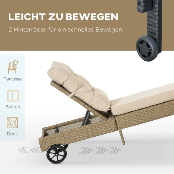  Poly Rotan Ligstoel, Tuinligstoel Met Wielen, Kussens, 4-traps Verstelbare Rotan Ligstoel, Tuinmeubelen, Staal Naturel + Kaki 200 X 66 X 92 Cm 5