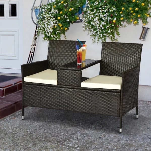  Poly Rotan Tuinbank Tuinbank Bank Met Tafel 2-zits Staal Bruin B133 X D63 X H84cm 2