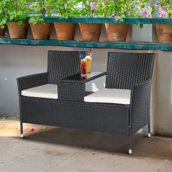  Poly Rotan Tuinbank Tuinbank Bank Met Tafel 2-zits Staal Zwart B133 X D63 X H84cm 2