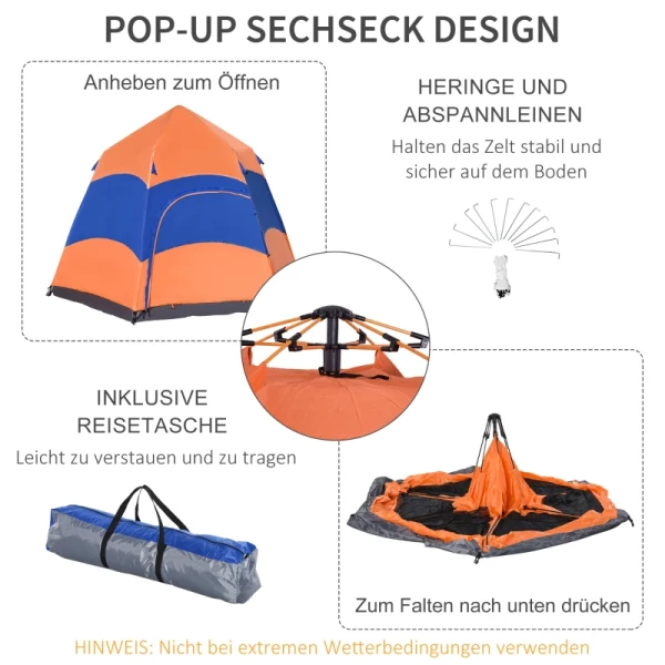  Quick Up Tent Dubbelwandige Tent Outdoor Familietent Pop-up Voor 4-6 Personen 4 Seizoenen Waterdicht Met Draagtas Klamboe 2 Deuren Polyester + Glasvezel Oranje + Blauw 275 X 275 X 170 Cm 5