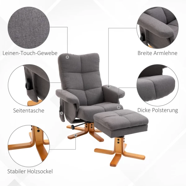  Relaxstoel Massagestoel Met Voetenbank Opbergruimte Ligfunctie TV-stoel Met Massagefunctie TV-stoel Ligstoel, Met Houten Poot Helling 145° Polyester Donkergrijs 80 X 86 X 99 Cm 7