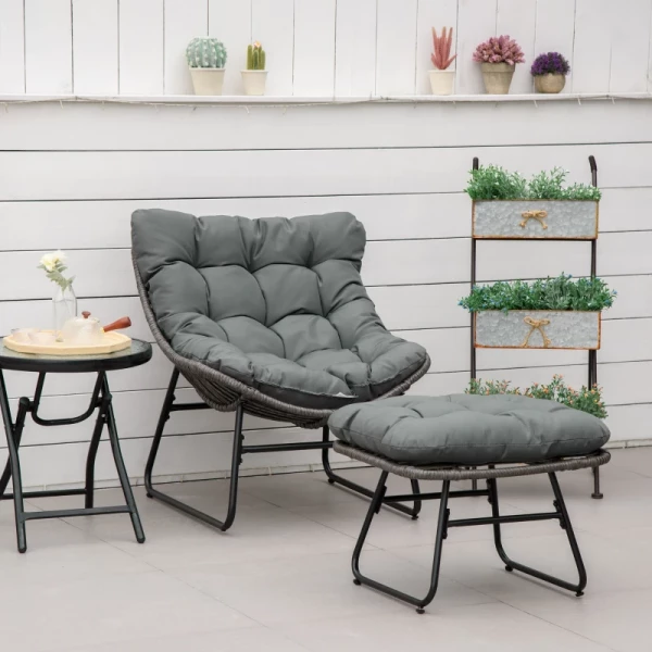  Rotan Relaxstoel Met Voetenbank Tuinstoel Outdoor Rotan Stoel Met Kussen Staal Polyester Grijs 69 X 76 X 70 Cm 2