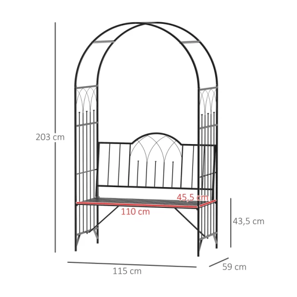  Rozenboog Met Bank, Rozenbank, Prieelbank, Filosofenbank, Trellis, Trellis, Tuinbank, Metaal, Zwart, 121 X 50 X 203 Cm 3