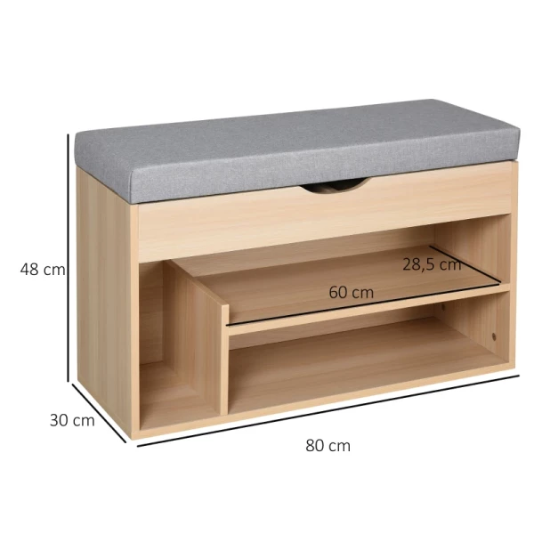  Schoenenbank, Bank, Zitkist, 2-in-1-design Met Schoenenrek, Verborgen Vak, Gewatteerde Schoenenkast Met Opbergruimte Voor Gang, Linnen, Naturel + Grijs, 80 × 30 × 48 Cm 3