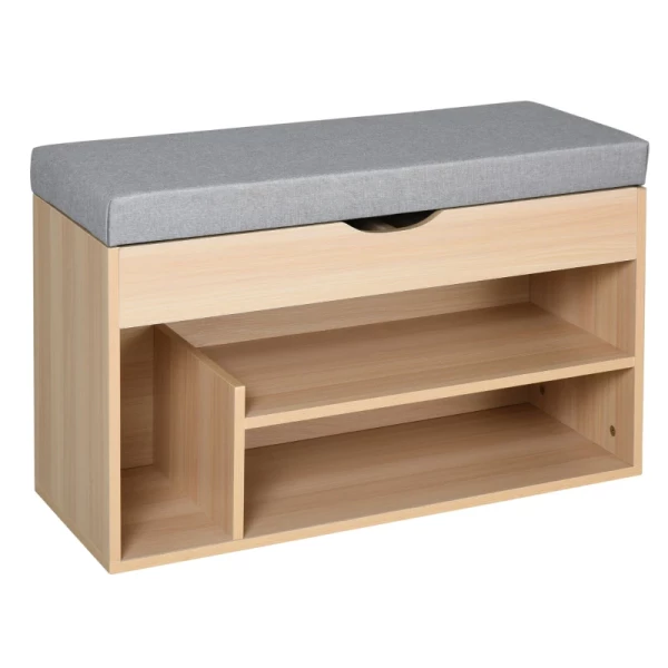 Schoenenbank, Bank, Zitkist, 2-in-1-design Met Schoenenrek, Verborgen Vak, Gewatteerde Schoenenkast Met Opbergruimte Voor Gang, Linnen, Naturel + Grijs, 80 × 30 × 48 Cm 1