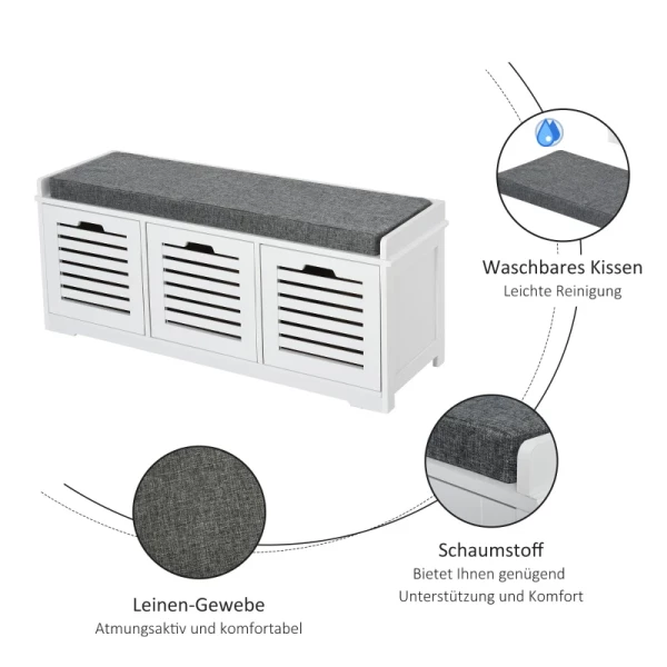  Schoenenbank, Schoenenrek, 3 Laden, Schoenenstandaard, Bank, Schoenenkast, Multifunctioneel, Wit, 108x35x43 Cm 5