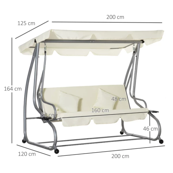  Schommelstoel, 3-zits Hangmat, Tuinschommel Met Zitting En Rugleuning, Dienblad, Bank, Schommelbank, Dakhelling, Verstelbaar, Stalen Buis, Stof Oxford, Beige, 200 X 120 X 164 Cm 3