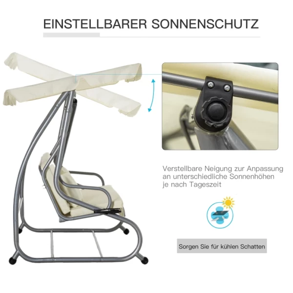  Schommelstoel, 3-zits Hangmat, Tuinschommel Met Zitting En Rugleuning, Dienblad, Bank, Schommelbank, Dakhelling, Verstelbaar, Stalen Buis, Stof Oxford, Beige, 200 X 120 X 164 Cm 5