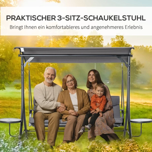  Schommelstoel 3-zits Tuinschommelbank Met Verstelbare Zonnekap Theetafel Staal Polyester Grijs+zwart 271 X 125 X 177 Cm 7