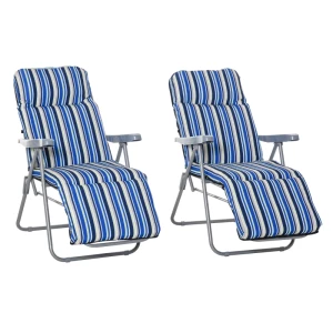  Set Van 2 Ligstoelen Met Kussens, Opvouwbaar, Ligstoel, 5 Niveaus Verstelbare Rugleuning, Tuinligstoel, Tuinmeubelset, Staal, Polyester, Blauw, 60 X 75 X 65-102 Cm 1