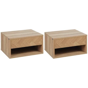  Set Van 2 Nachtkastjes, Nachtkastjes, Zwevend Design, Lade, Open Plank, Houtlook, 37 X 32 X 21 Cm 1