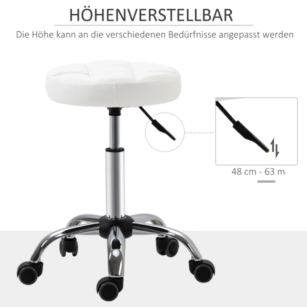  Set Van 2 Rollende Krukken, Draaibare Krukken Met Wielen, Werkkrukken, In Hoogte Verstelbaar, Draaibaar, Salonkrukken, Salonstoelen, Imitatieleer, Wit, Ø35,5 X 48-63H Cm 4