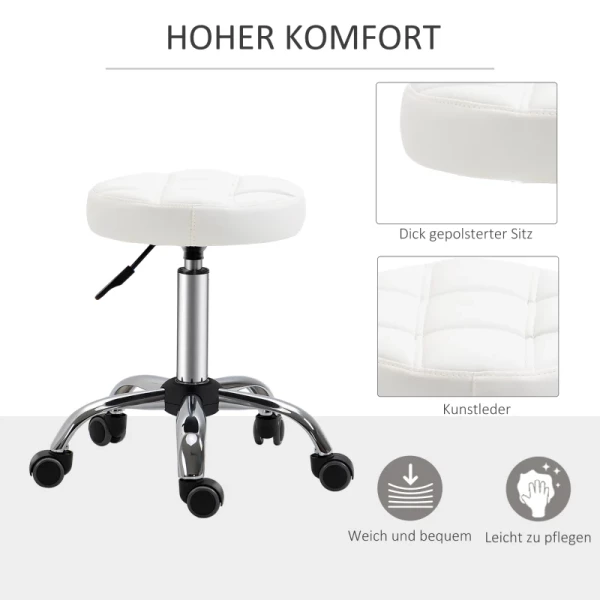  Set Van 2 Rollende Krukken, Draaibare Krukken Met Wielen, Werkkrukken, In Hoogte Verstelbaar, Draaibaar, Salonkrukken, Salonstoelen, Imitatieleer, Wit, Ø35,5 X 48-63H Cm 5