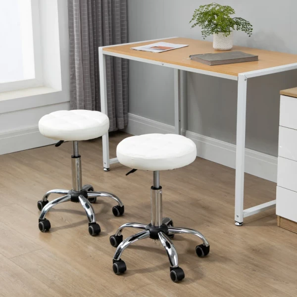  Set Van 2 Rollende Krukken, Draaibare Krukken Met Wielen, Werkkrukken, In Hoogte Verstelbaar, Draaibaar, Salonkrukken, Salonstoelen, Imitatieleer, Wit, Ø35,5 X 48-63H Cm 10