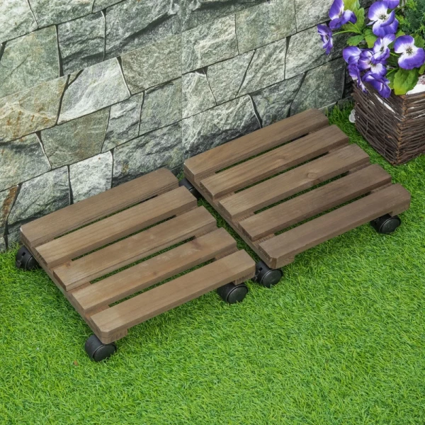  Set Van 2 Rollende Plantenstandaards Massief Hout 4 Zwenkwielen Met Rem 30cm X 30cm X 7cm Bruin + Zwart 7