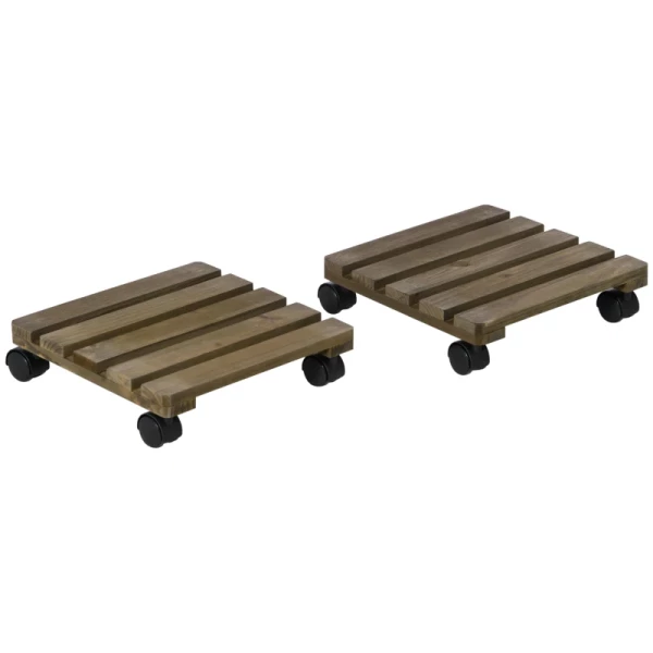 Set Van 2 Rollende Plantenstandaards Massief Hout 4 Zwenkwielen Met Rem 30cm X 30cm X 7cm Bruin + Zwart 1