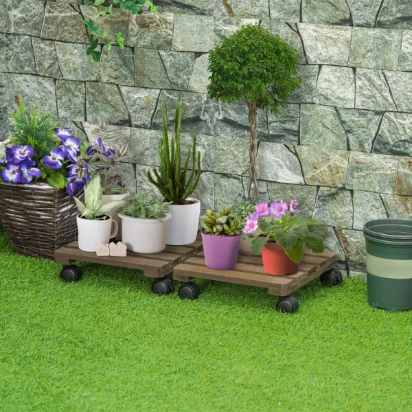  Set Van 2 Rollende Plantenstandaards Massief Hout 4 Zwenkwielen Met Rem 30cm X 30cm X 7cm Bruin + Zwart 8