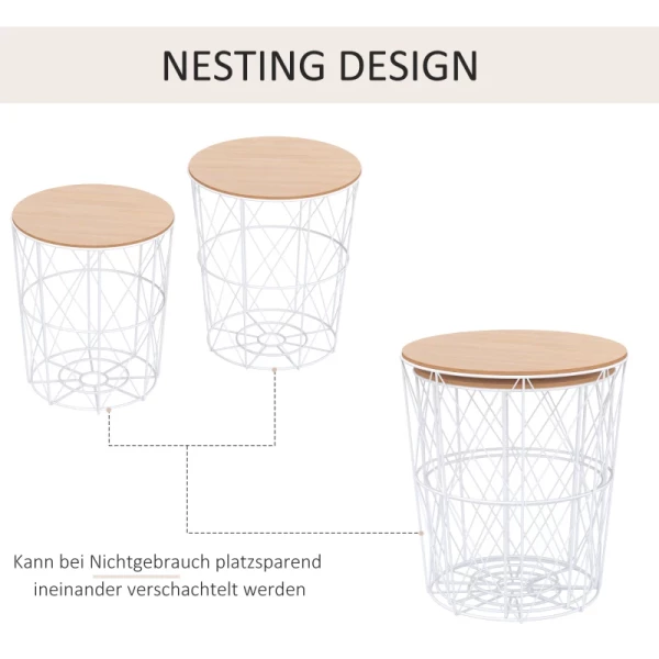  Set Van 2 Salontafels, Bijzettafels, 2-delige Nachtkastjes, Woonkamer, Slaapkamer, MDF + Metaal, Naturel + Wit, ∅40 X H45 Cm 6