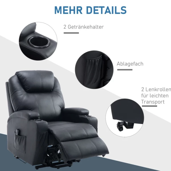  Sta-fauteuil TV-fauteuil Met Opbergtas Fauteuil Met Sta-op-hulp Relaxfauteuil Verstelbare Hoek Afstandsbediening Kunstleer Foam Metalen Frame Zwart 84 X 92 X 109 Cm 4