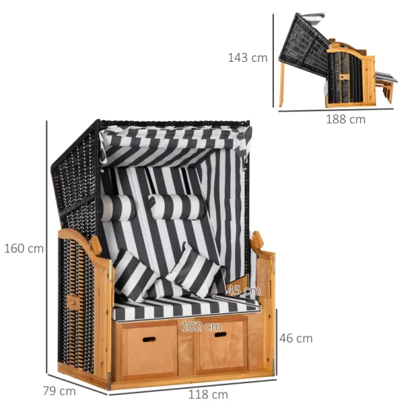  Strandstoel Dubbel Ligbed Met Dak Dubbel Ligbed Met Bekerhouders Chaise Longue 5-traps Rugleuning PE Rotan Grijs + Wit 118 X 79 X 160 Cm 3