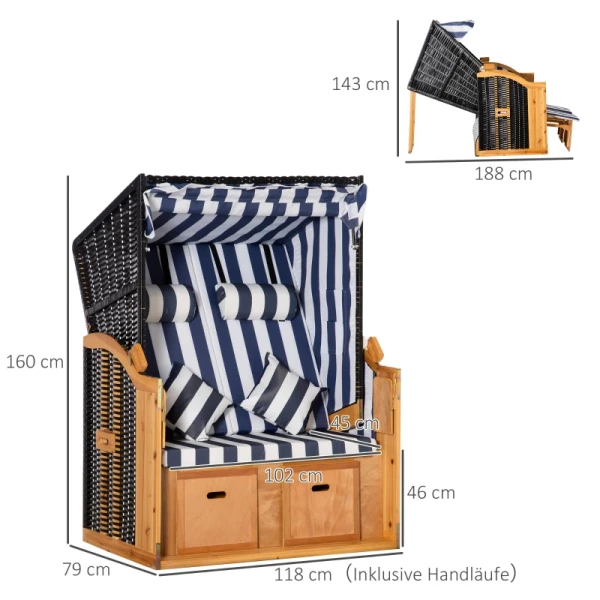  Strandstoel Dubbele Ligstoel Met Dak Dubbele Ligstoel Met Bekerhouders Chaise Longue 5-traps Rugleuning PE Rotan Blauw+wit 118 X 79 X 160 Cm 3