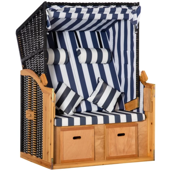 Strandstoel Dubbele Ligstoel Met Dak Dubbele Ligstoel Met Bekerhouders Chaise Longue 5-traps Rugleuning PE Rotan Blauw+wit 118 X 79 X 160 Cm 1