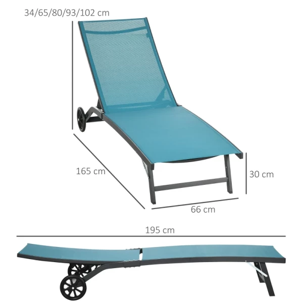  Sunlounger, In 5 Standen Verstelbare Rugleuning, Ademende Stof, Aluminium Frame, Blauw, 195 X 66 X 34 Cm 3