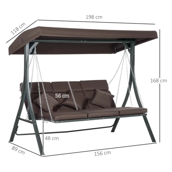  Swing Chair Voor 3 Personen, Verstelbare Zonnekap, Tot 270 Kg, Bruin, 198 X 118 X 168 Cm 3